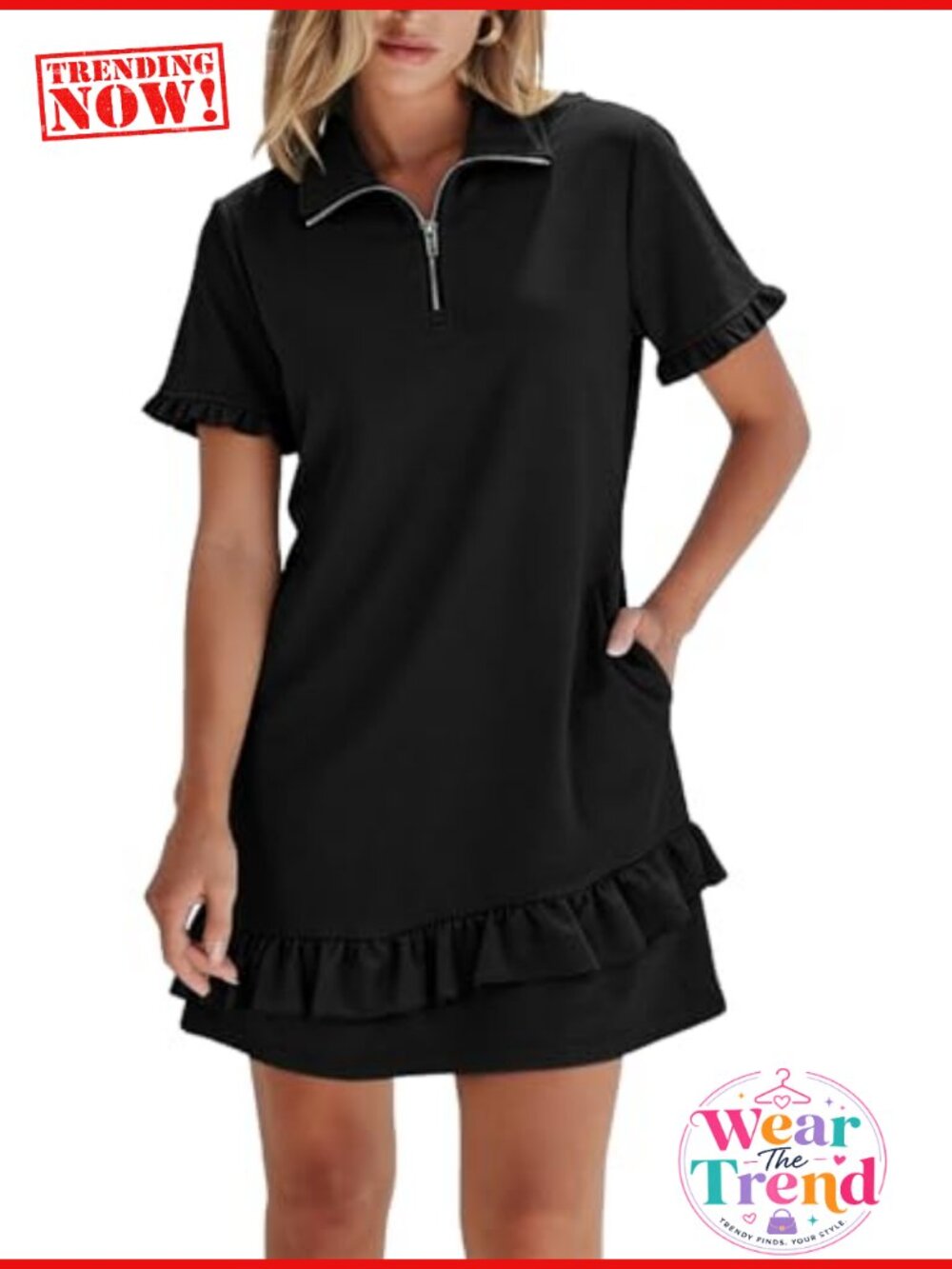 Women's Half Zip Ruffle Hem Polo Collar Short Sleeve A-Line Casual Dress with